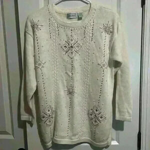 Vintage Shenanigans Christmas Snowflakes Pearl Beaded Christmas Sweater size S